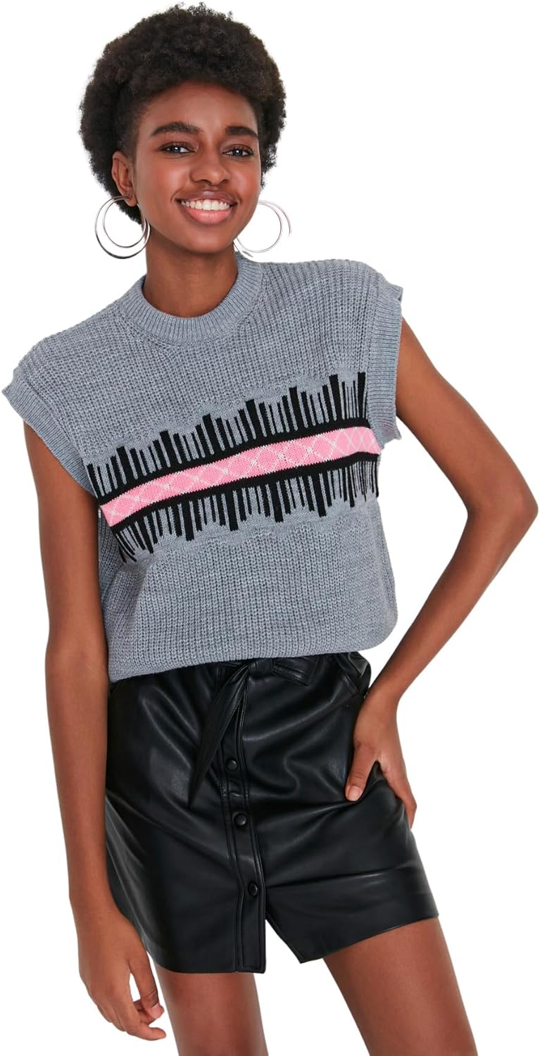 TRENDYOL Damen Patterned Knitwear Sweater, Grau, S EU