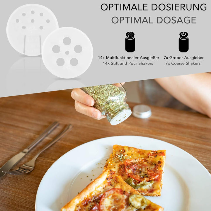 14 Gewürzgläser Set 170 ml mit 21 Tüllen - Einmachgläser mit 170 ml Fassungsvermögen - Wiederverwend