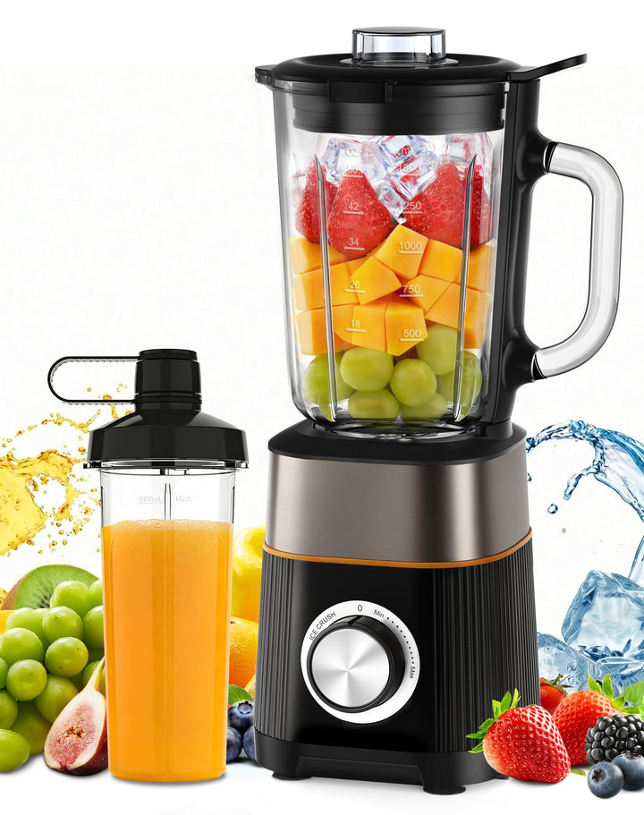 1000W Standmixer, Mixer, Glas 2-1 Mixer Smoothie Maker mit 1,5L Glaskrug und 600ml Reisebecher, Stuf