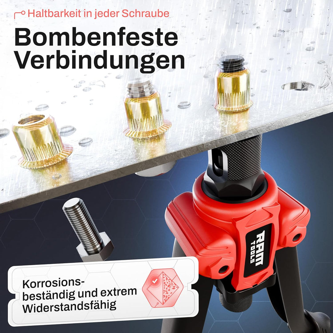 RAM TOOLS® Nietmutternzange, Nietzange Set inkl. 70 Nietmuttern, MIT Bohrloch/-grössentabelle, Dorne