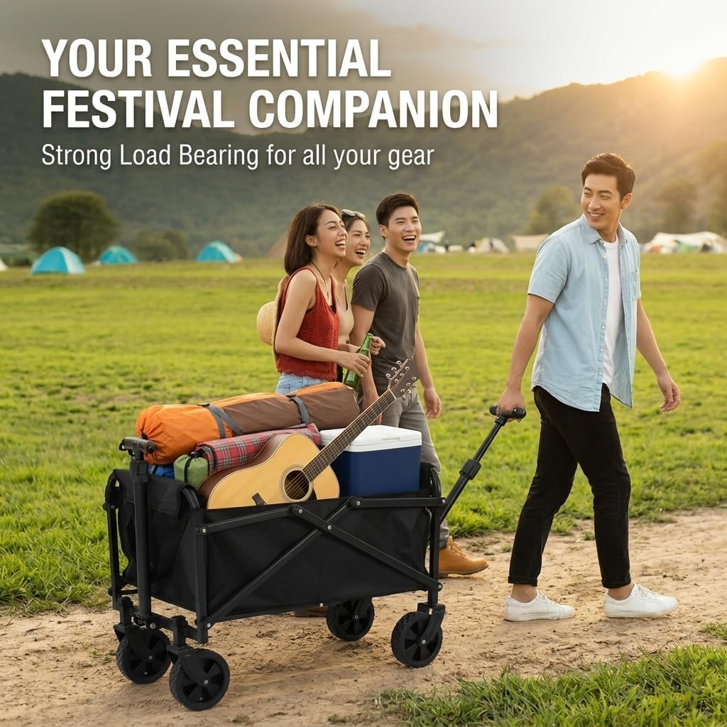 Faltbarer Bollerwagen Camping, Leichter Transportwagen 50L Tragkraft | Klappbarer Handwagen mit 12cm