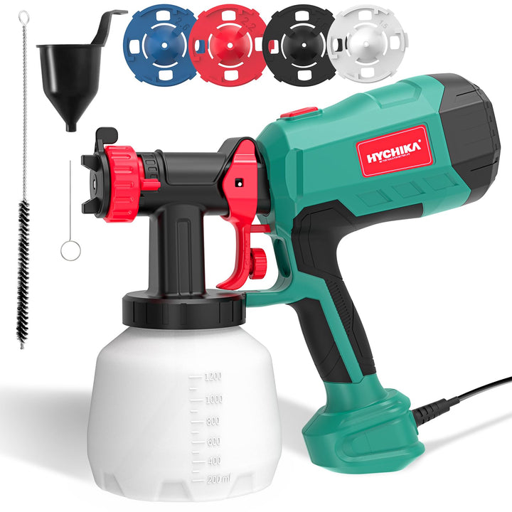 HYCHIKA 600W Farbsprühsystem, 1200ML HVLP Farbsprühgerät, 3 Sprühmuster, 4 Düsen und 2 Reinigungswer