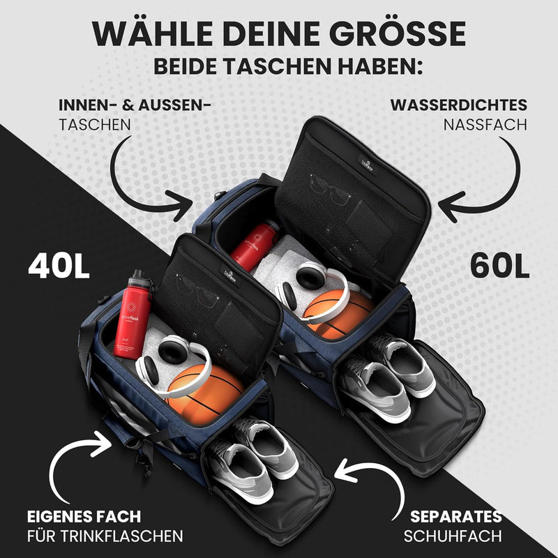 Sporttasche Trainingstasche + Rucksack-Funktion, Schuhfach, Nassfach | 40/60L Reisetasche Schwimmtas