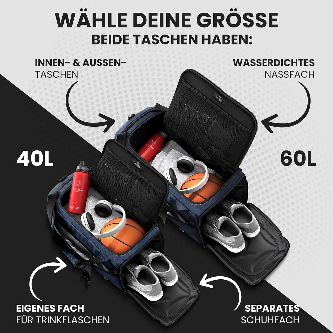Sporttasche Trainingstasche + Rucksack-Funktion, Schuhfach, Nassfach | 40/60L Reisetasche Schwimmtas