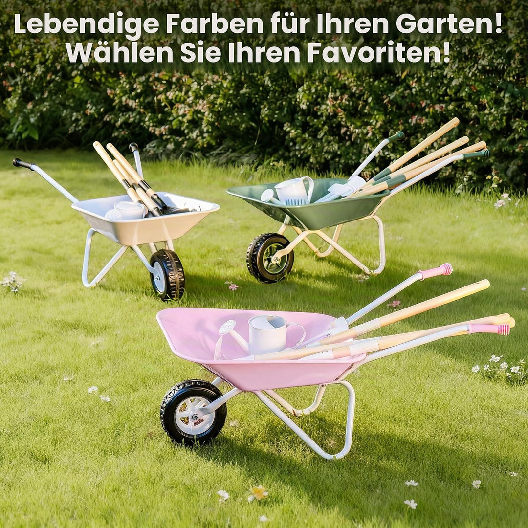 ROBUD Kinder Schubkarre Metall mit Kinder Gartenwerkzeug Set, Schubkarre mit Langer Schaufel, Hacke,