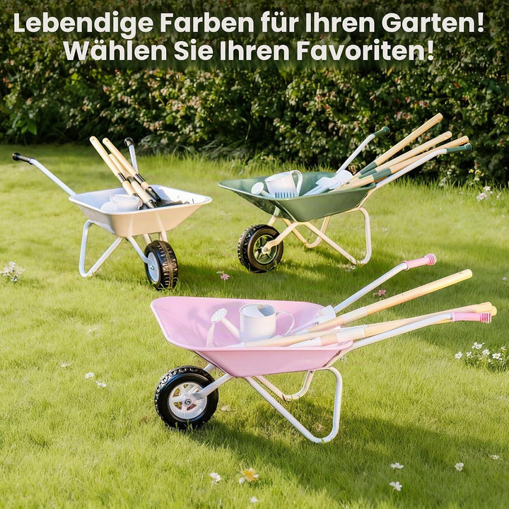 ROBUD Kinder Schubkarre Metall mit Kinder Gartenwerkzeug Set, Schubkarre mit Langer Schaufel, Hacke,