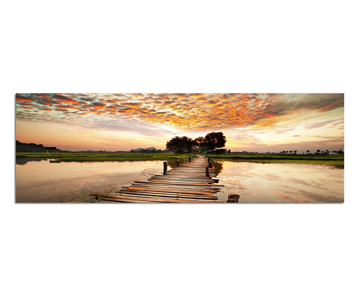 Paul Sinus Art Panoramabild auf Leinwand und Keilrahmen 150x50cm Tropen Fluss Steg Sonnenuntergang W