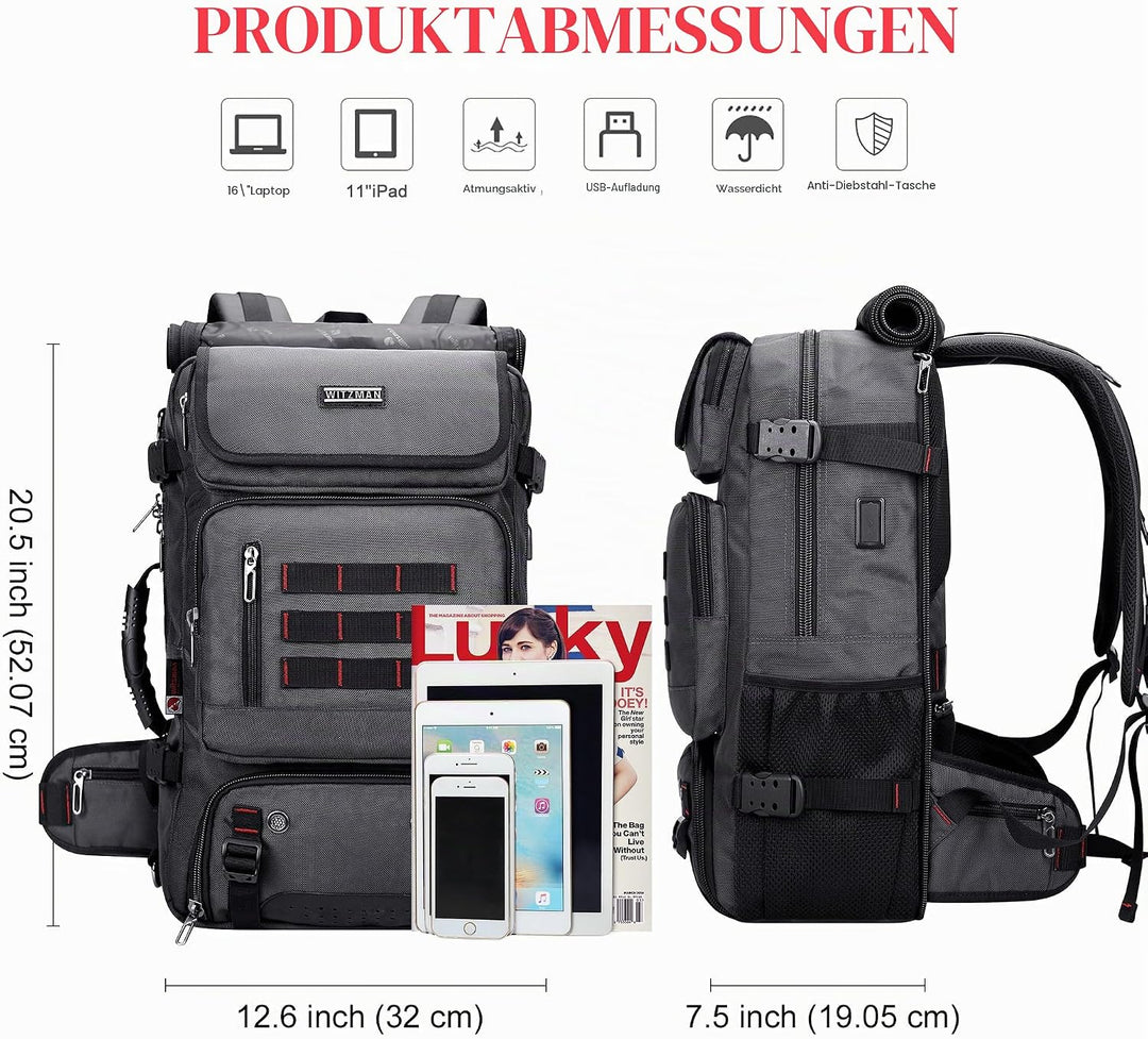 WITZMAN Reiserucksack Herren Gross Reisetasche Reiserucksack Handgepäck Flugzeug mit USB Ladeanschlu