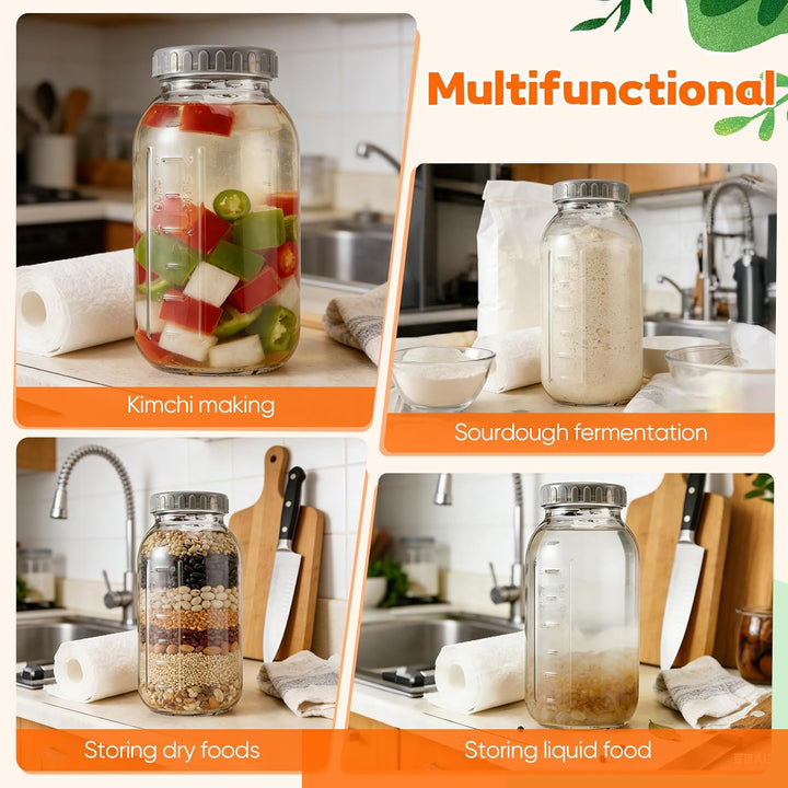 Fermentierglas 2 Stück 2L, Einmachgläser mit Luftschleuse und Schraubverschluss, Weithalsige Gärgläs