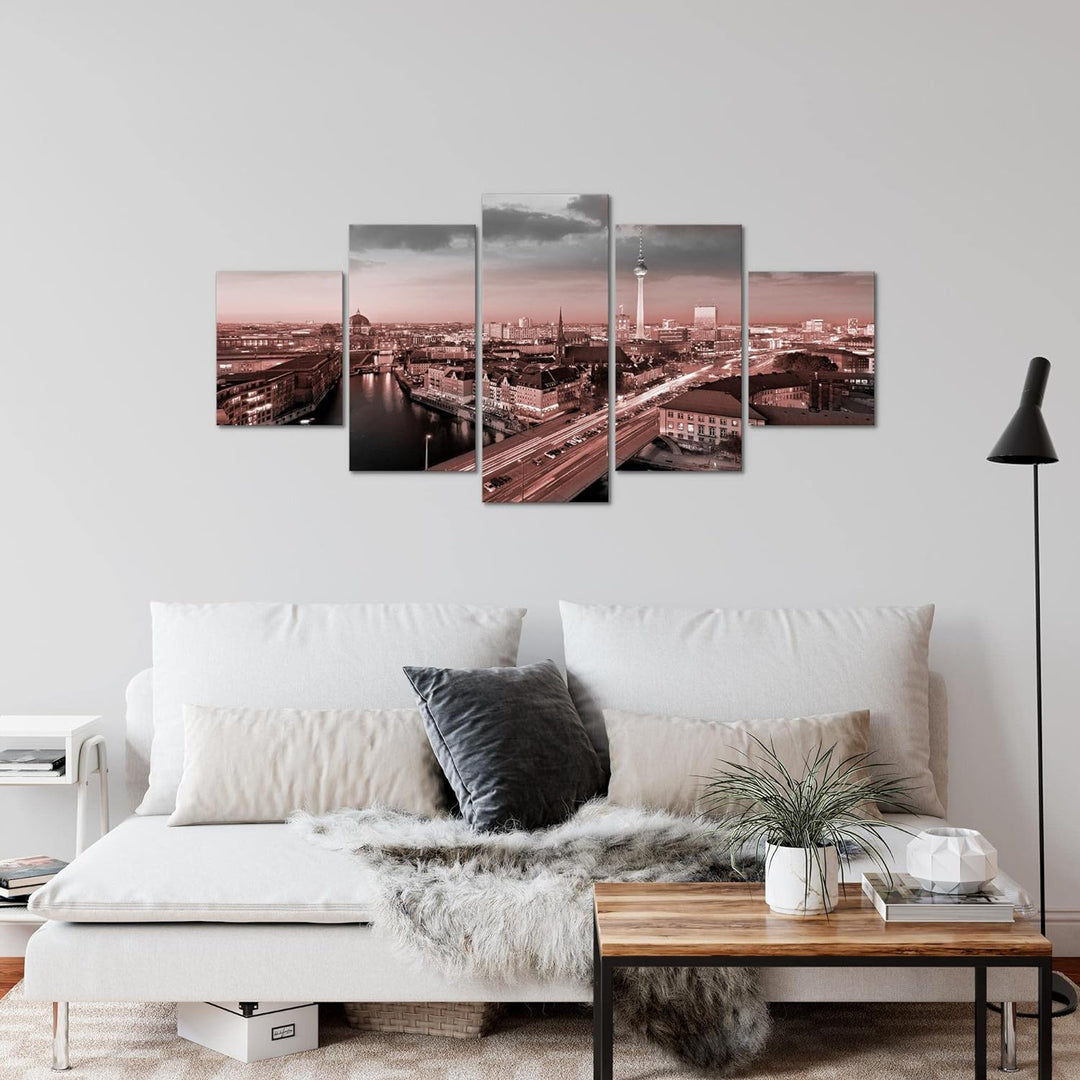 Runa Art Wandbilder Berlin 5 Teilig Bild auf Vlies Leinwand Deko Büro Wohnzimmer Stadt Grau Rosa 605