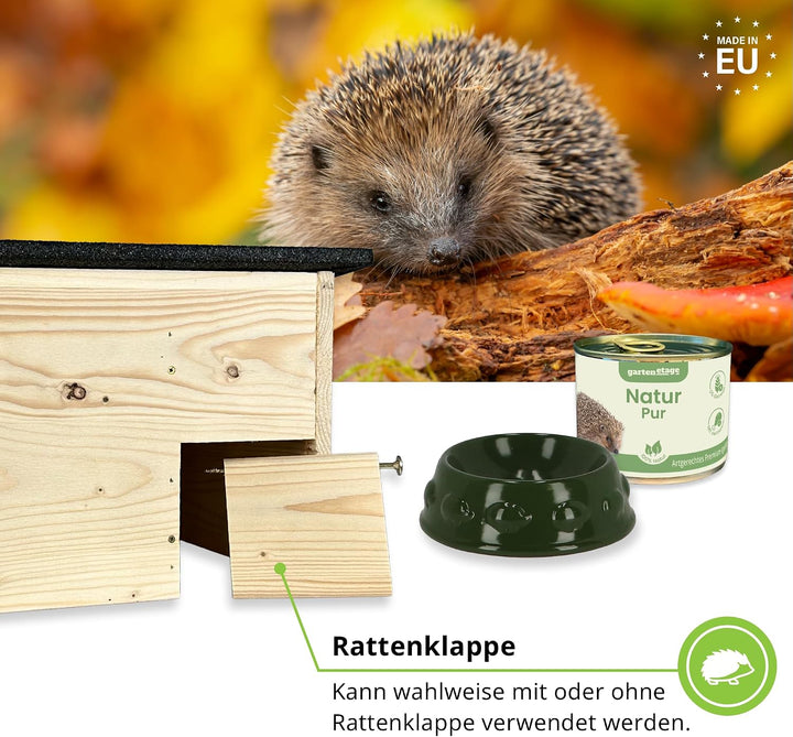 GARTENETAGE Igel-Starter-Set Igelhaus mit Rattenklappe inkl. Futterschale &amp; 5X Premium-Igelfutter –