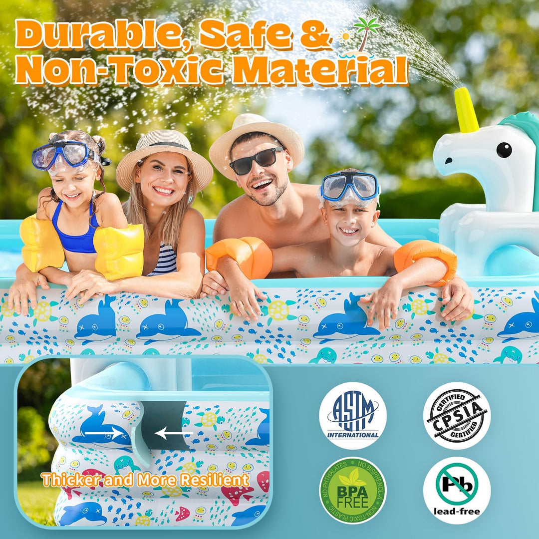 Skirfy Aufblasbarer Pool mit Sprinkler, 300 x 180 x 60 cm XXL Gartenpool, Verdickter Kinderpool für