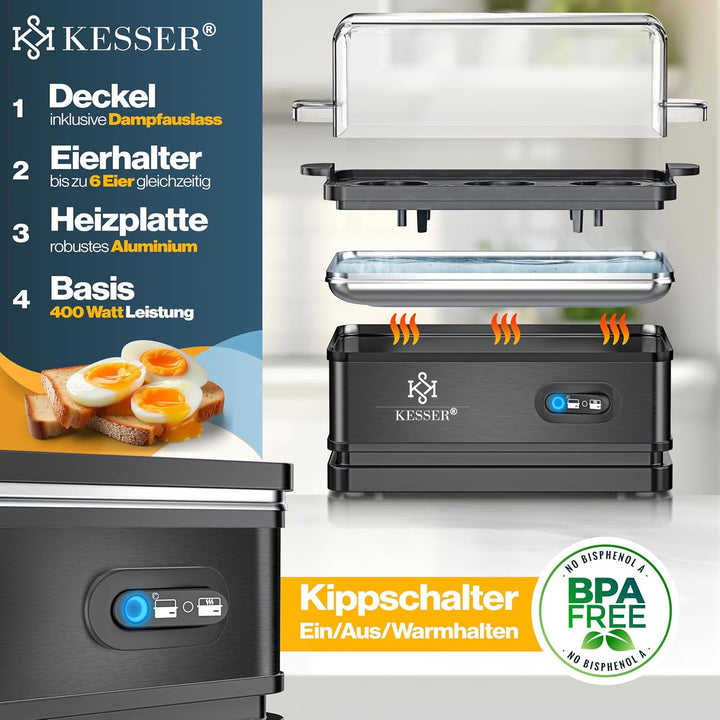 KESSER® Eierkocher für 1 bis 6 Eier elektrisch aus Edelstahl 400W & Warmhaltefunktion | Kipp-Funktio