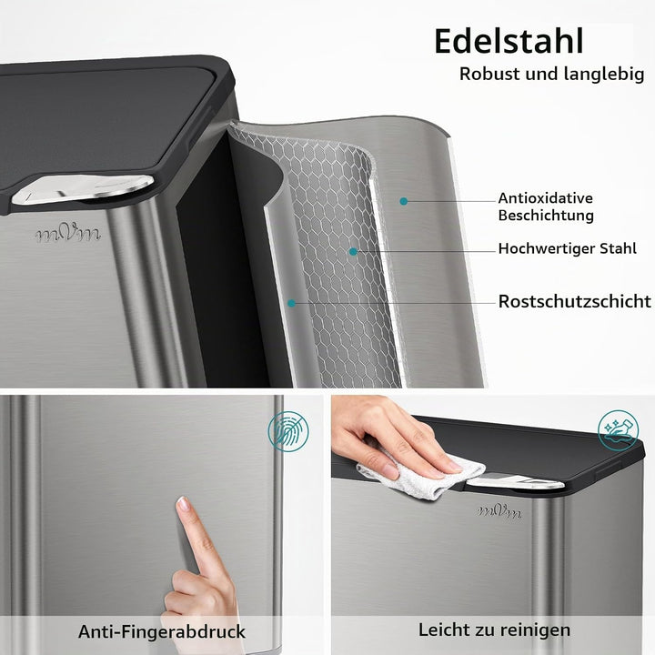 mVm Küchen &amp; Büromülleimer 80L, Edelstahl, Rechteckig, Mit Deckel &amp; Geruchsfilter, Sanftschliessend