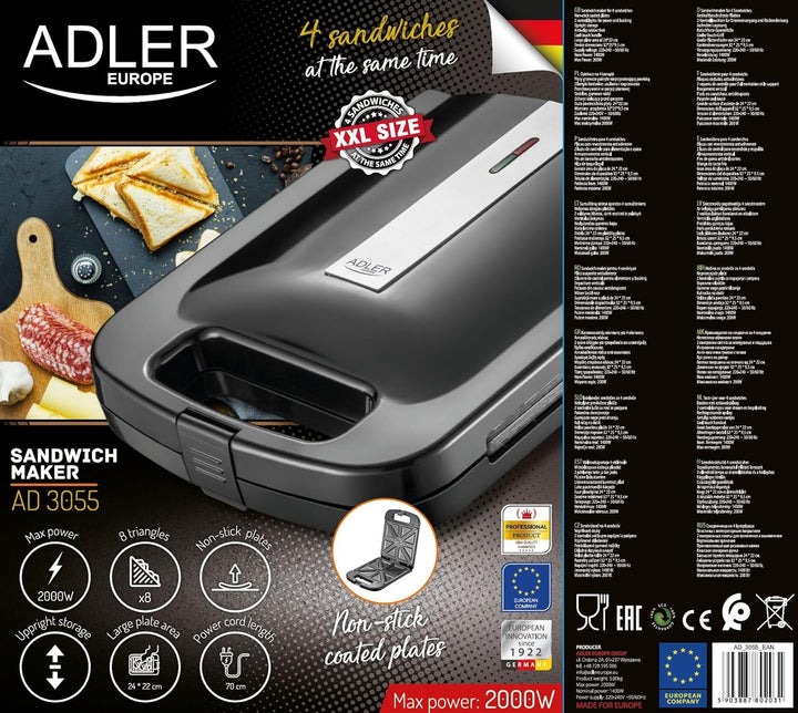 Adler AD 3055 Sandwichmaker XXL, 2000 W, Sandwichtoaster mit feuerfestem Griff, Toaster für 4 Sandwi