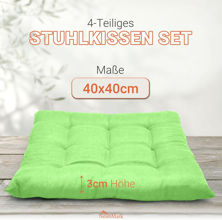 NatureMark 4er Set Stuhlkissen mit Bändern Gr. 40x40 cm Sitzkissen gefüllt, Apfel grün 4 Stück (1er