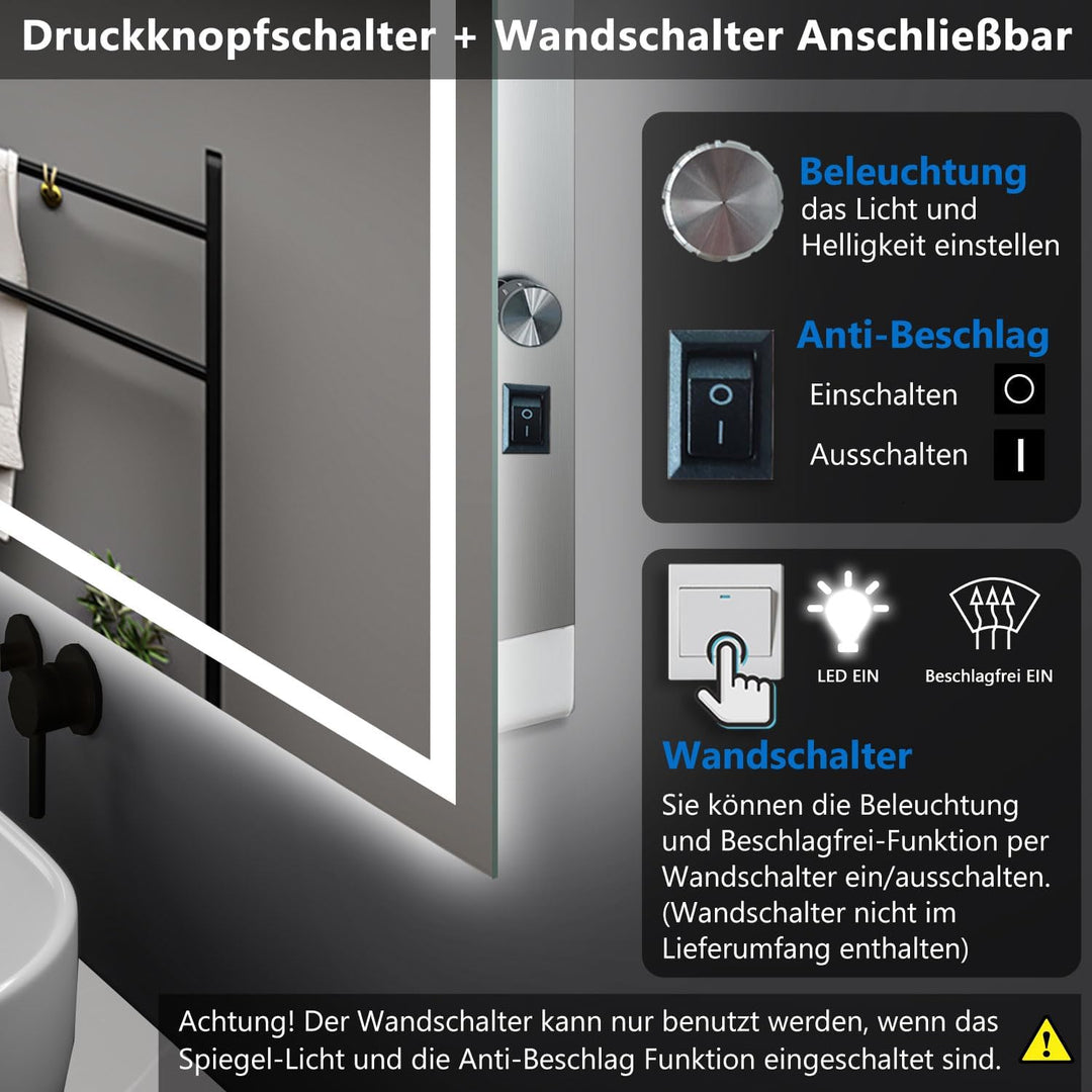 Aica Sanitär Badspiegel 70×50cm Druckknopf/Wandschalter 3 Lichtfarbe dimmbar Memory Beschlagfrei Bad