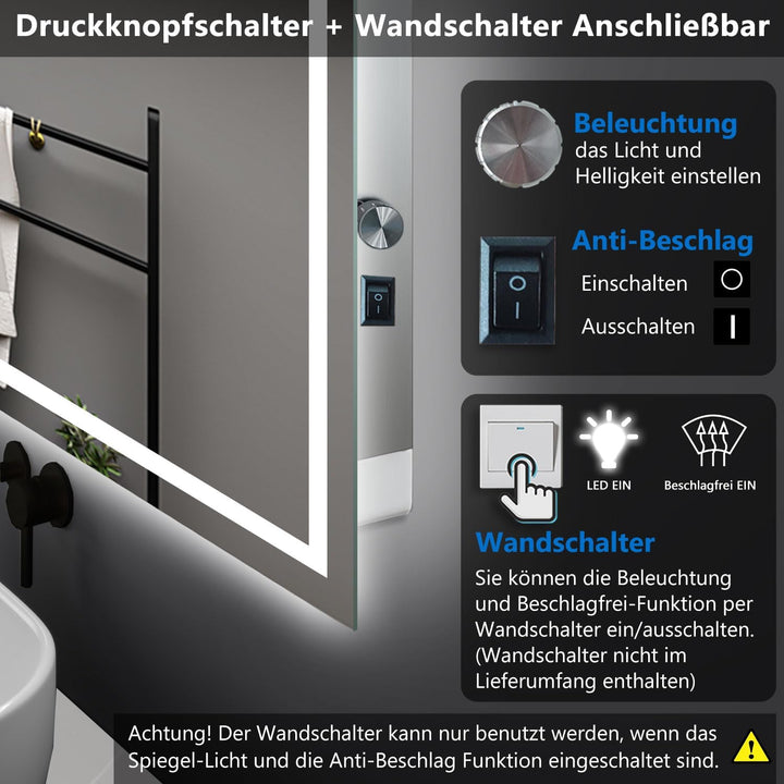 Aica Sanitär Badspiegel 70×50cm Druckknopf/Wandschalter 3 Lichtfarbe dimmbar Memory Beschlagfrei Bad