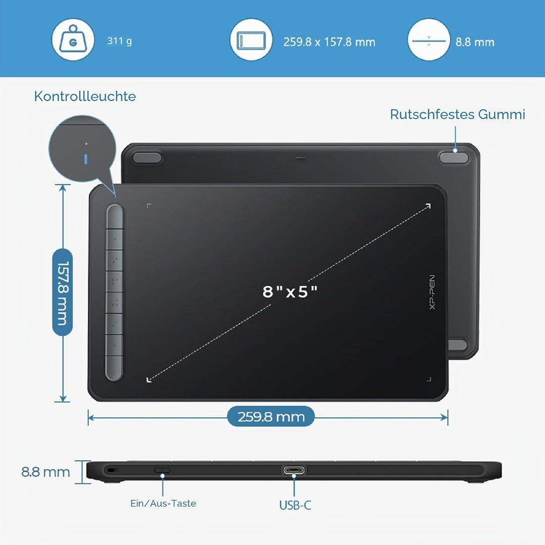 XPPen Deco MW 8x5 Zoll Grafiktablett Bluetooth Wireless Zeichentablett mit 8 Tasten, Drawing Tablet