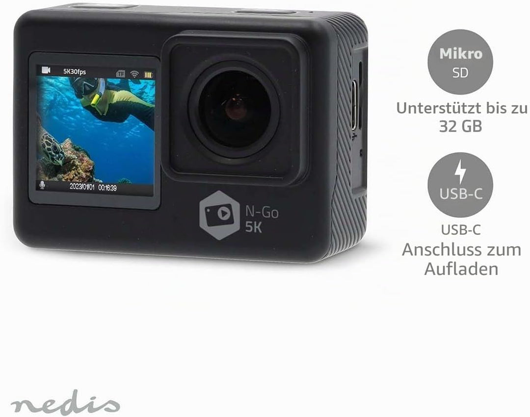 Nedis Action Cam - 5K@30fps - 16 MPixel - Wasserdicht bis: 30.00 m - 80 min - Wi-Fi - App erhältlich
