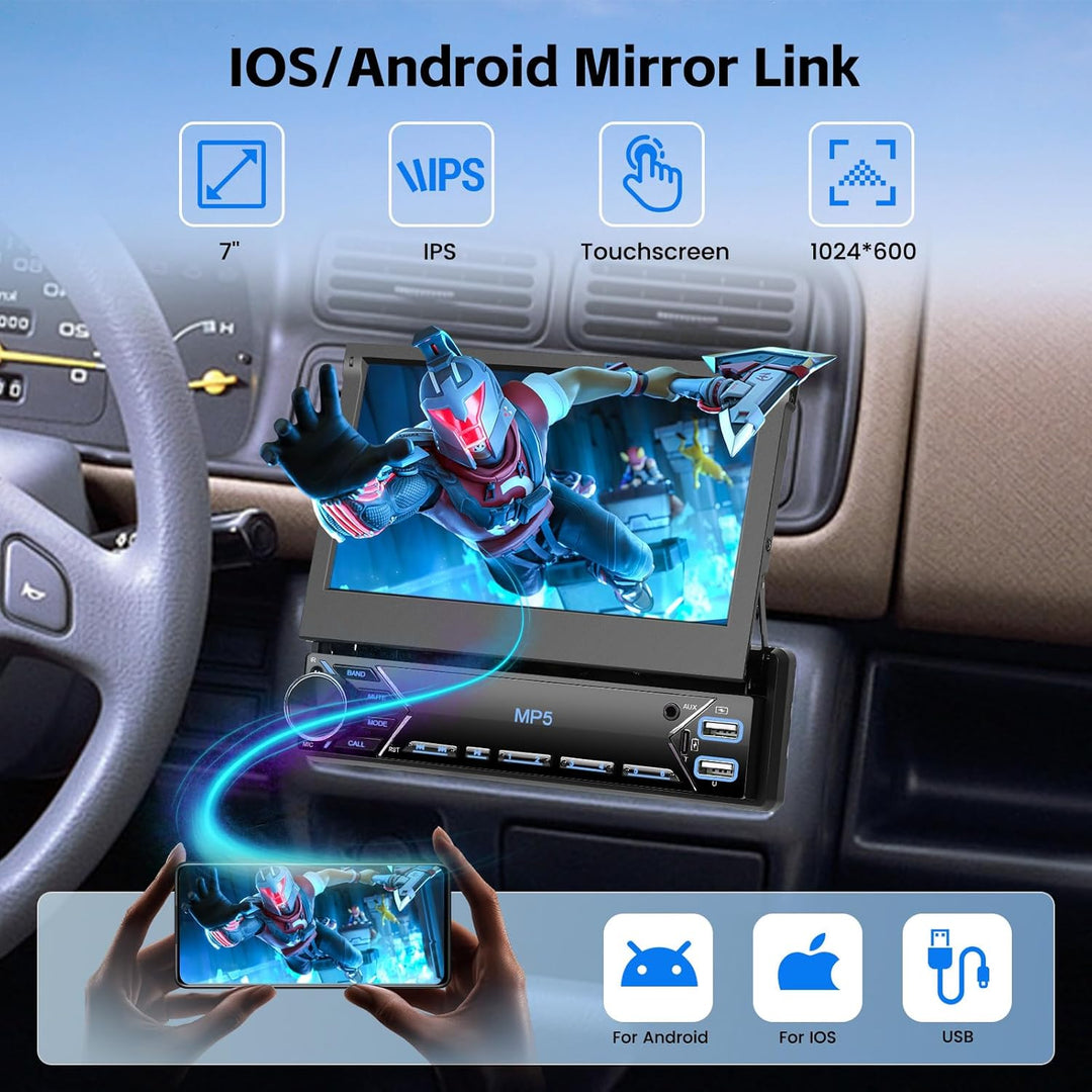Hikity Autoradio 1 Din Bluetooth Bildschirm 7 Zoll Touch Ausfahrbarem Display Auto Radio mit Rückfah