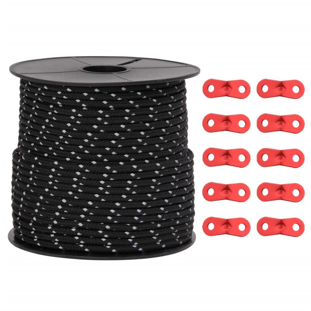 vidaXL Zeltleine Reflektierend mit Seilspannern 50 m 4 mm Schwarz 4 mm, Schwarz 4 mm