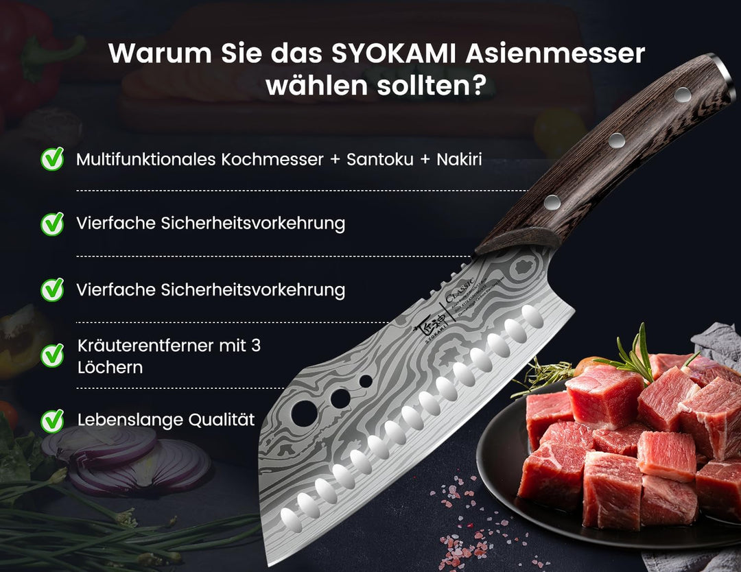 18 cm Küchenmesser mit Kräuterstripper, Asiatisches 3-in-1 Messer kombiniert Hackmesser, Fleischerme