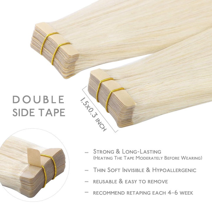 WENNALIFE Tape Extensions Echthaar, 20pcs 40g 30cm 12 Zoll Platinblond Remy Invisible Tape Extension