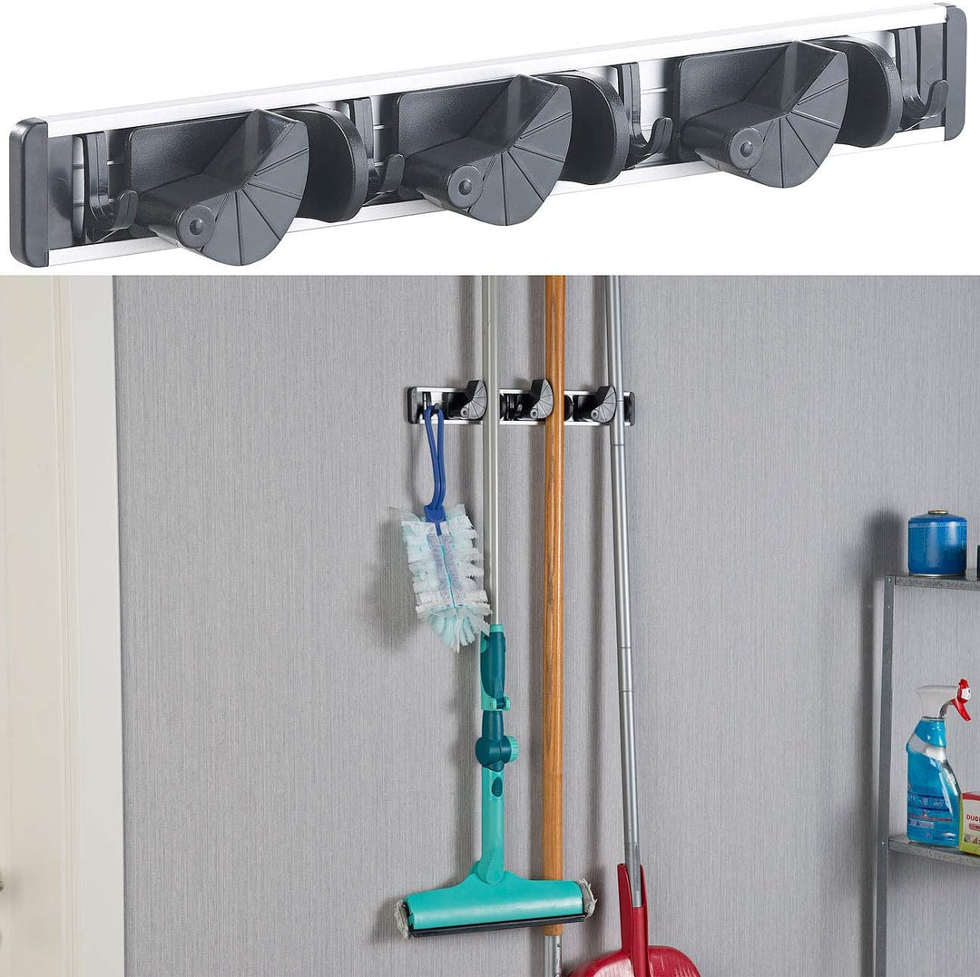 AGT Besen-Halterung: 4er-Set Wandhalter-Leisten für Besen, Wischmopp, Gartengeräte & Co. (Wand-Haken
