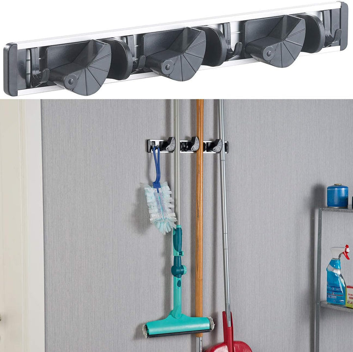AGT Besen-Halterung: 4er-Set Wandhalter-Leisten für Besen, Wischmopp, Gartengeräte & Co. (Wand-Haken