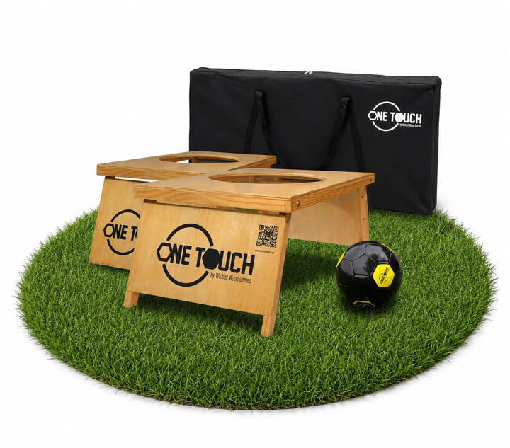 OneTouch Fussball-Cornhole Set aus Holz – Komplettes Outdoor Fussballspiel inkl. 2 Boards, Premium M