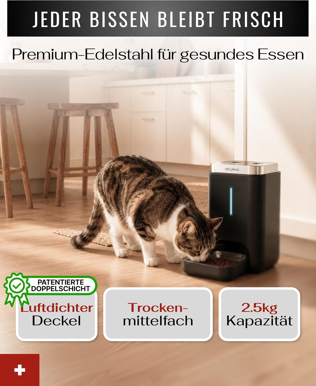 Futterautomat Katze 4,5L mit WiFi & App, Katzenfutter Automat für Trockenfutter, Edelstahlnapf, bis