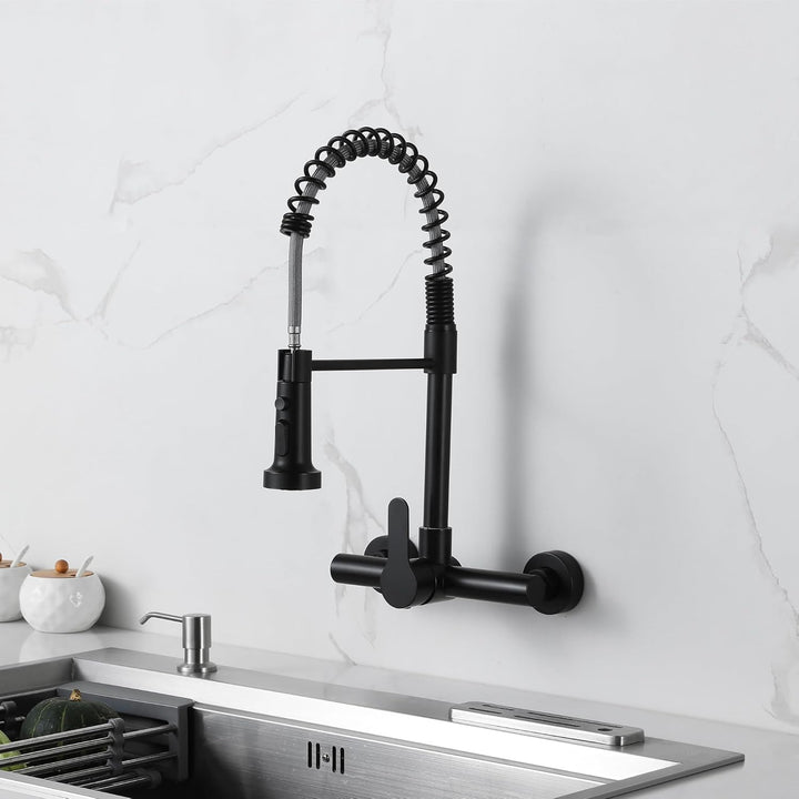 LIWEIKE Küchenarmatur Wandmontage, 360° Drehung Wasserhahn Schwarz Küche mit 2 Strahlarten Wasserhah