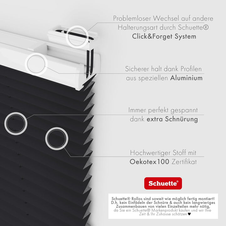 Schuette® Plissee ohne Bohren ● Thermo Kollektion: Dark Night (Schwarz) ● 75x120cm (Breite x Höhe) ●