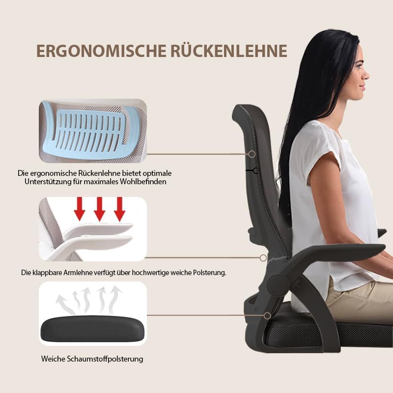 Bürostuhl,Ergonomischer Drehstuhl mit Atmungsaktiver Mesh-Rückenlehne,Hochklappbaren Armlehnen und L