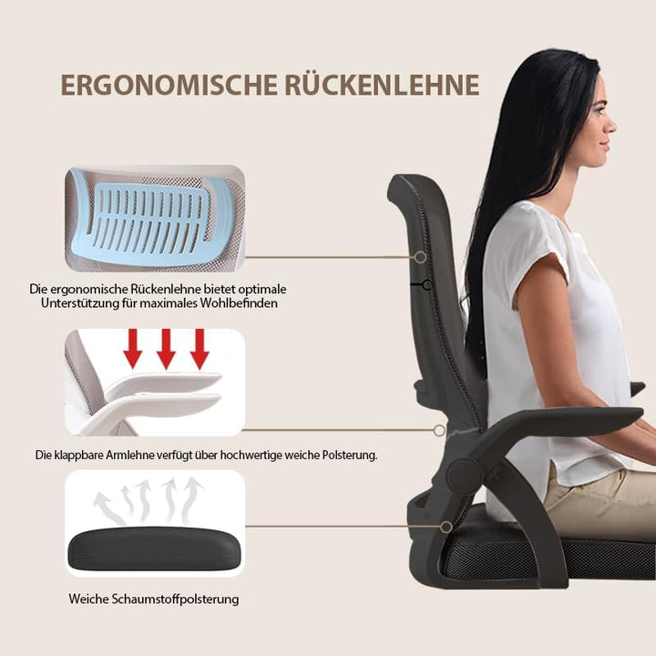 Bürostuhl,Ergonomischer Drehstuhl mit Atmungsaktiver Mesh-Rückenlehne,Hochklappbaren Armlehnen und L