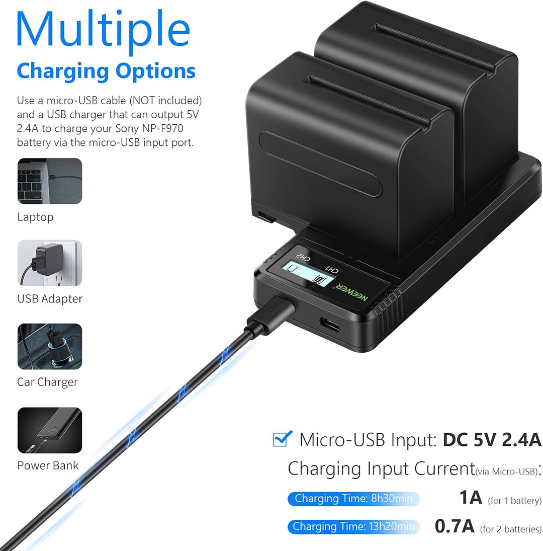 NEEWER Ladegerät Dual USB mit 2Stk 6600mAh Ersatzakkus NP-F970, Schnellladegerät kompatibel mit Sony