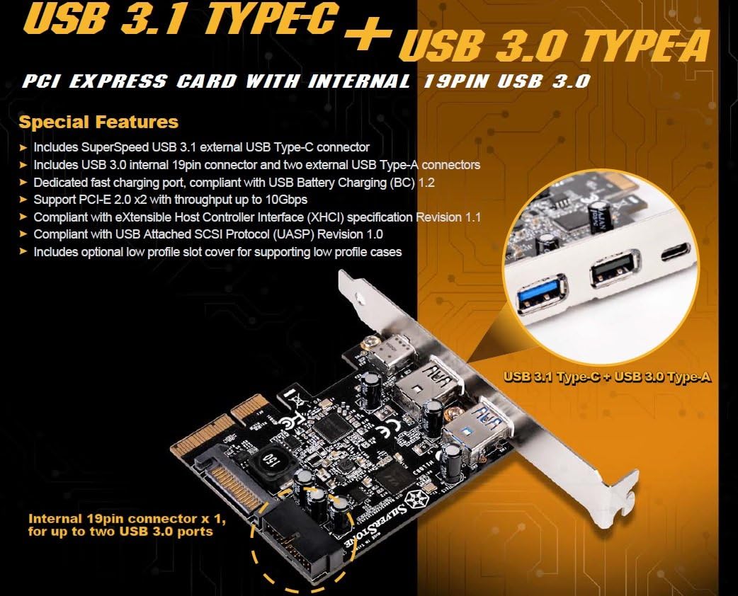 SilverStone SST-ECU05 - PCI-E Erweiterungskarte, 1x extern USB 3.1 Typ C, 2x USB 3.0 Typ A, 1x inter