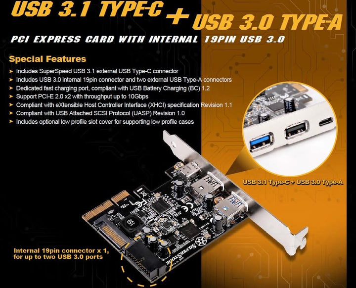 SilverStone SST-ECU05 - PCI-E Erweiterungskarte, 1x extern USB 3.1 Typ C, 2x USB 3.0 Typ A, 1x inter