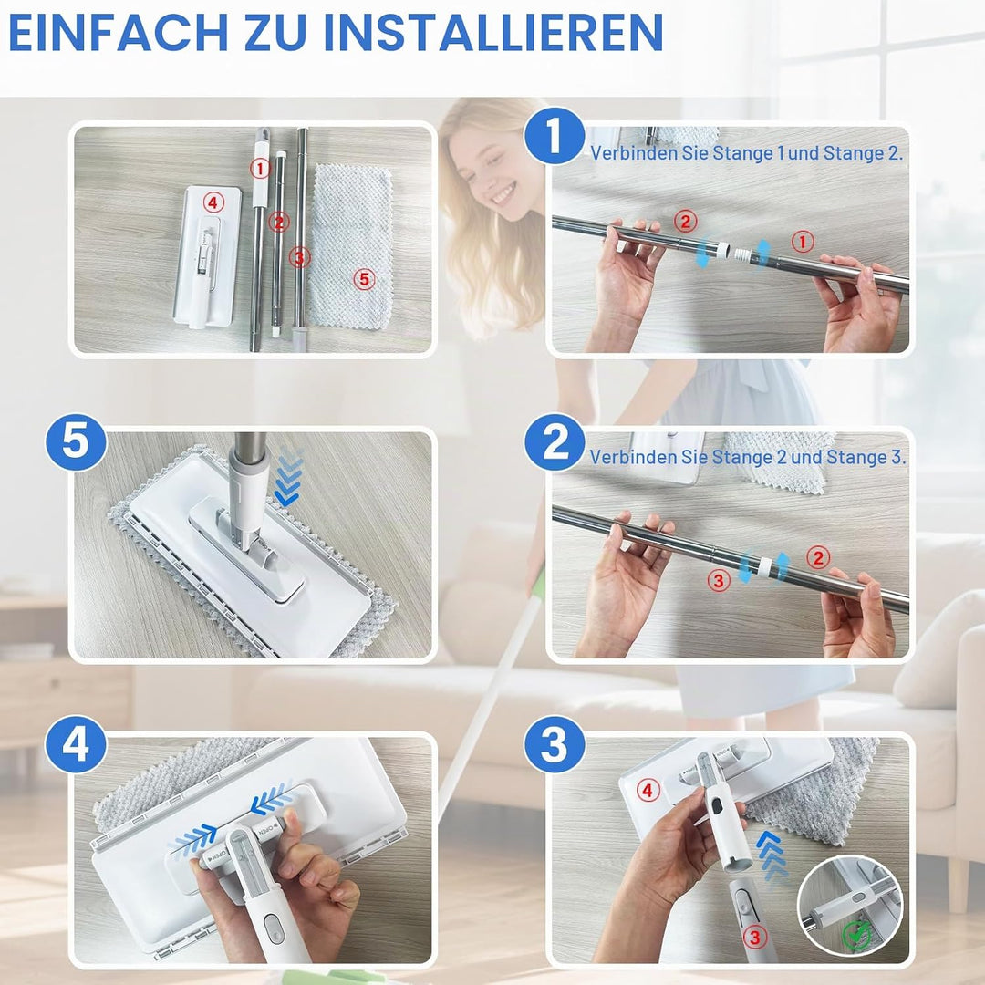 Fauler Wischmopp mit Automatischem Tuchwechsel, Mini Mopp mit 20 Mopp Pads | Druck-Klemm-System, 1-K