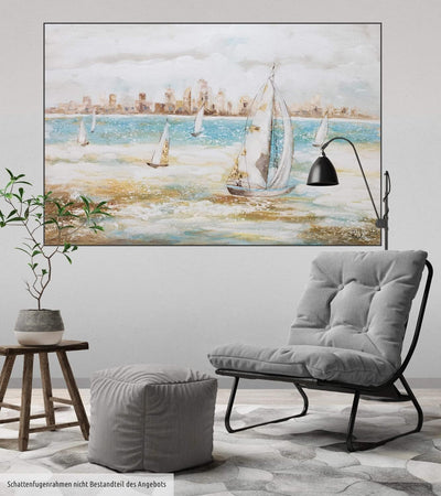 KunstLoft Leinwandbild | 100% HANDGEMALT | 120x80cm | Gemälde 'Sailor's Race' | Schiffe & Boote | Bl