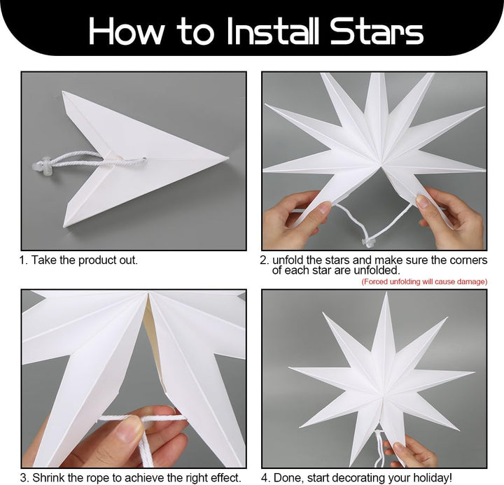 Faltstern Weihnachten, 9 zackig Papier Faltsterne, 5 Stück Weiss Papiersterne zum Aufhängen, 2x45cm+