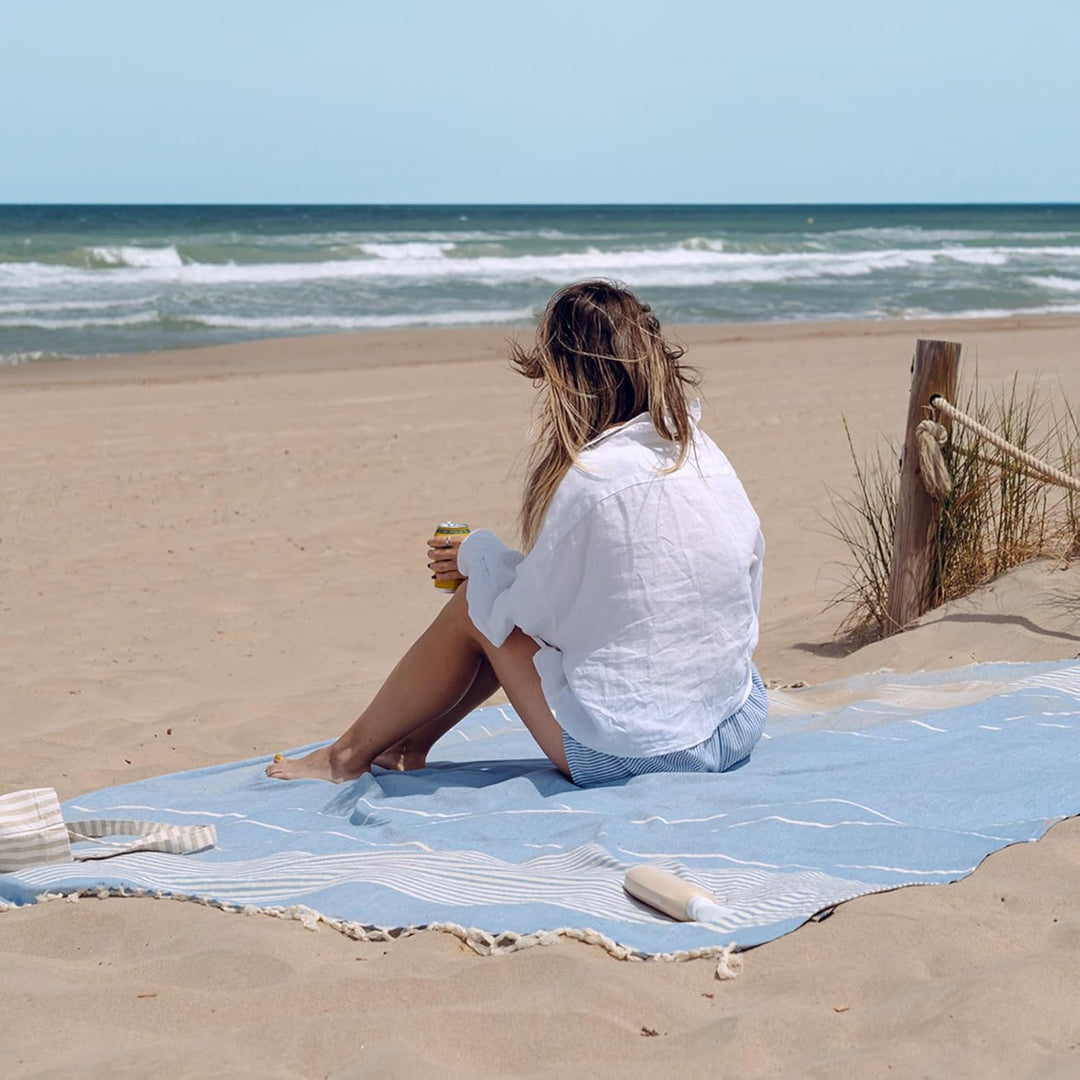 MOMOMUS Fouta XXL, Sandfrei, mit Fransen - Grosses Strandtuch XXL, aus Baumwolle, Sandabweisend - Id