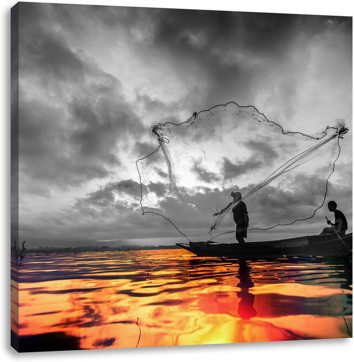Pixxprint Angler mit grossem Fangnetz als Leinwandbild/Grösse: 70x70 cm/Wandbild/Kunstdruck/fertig b