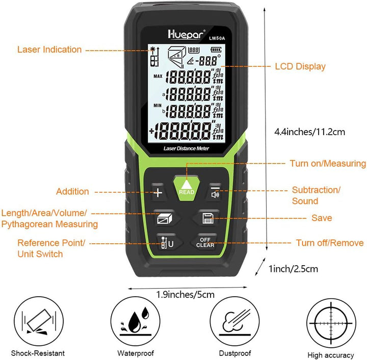 Huepar Laser Entfernungsmesser 50M mit Li-Ion-Akku, mit LCD Hintergrundbeleuchtung M/In/Ft mit Mehre