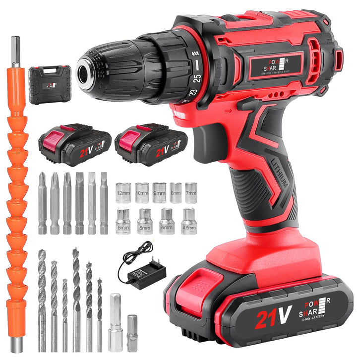 VANBAR Akkuschrauber, Drehmoment auf 25+3 Stufen Bohrmaschine Schrauber Set, 21V, 45Nm max, Schlagbo