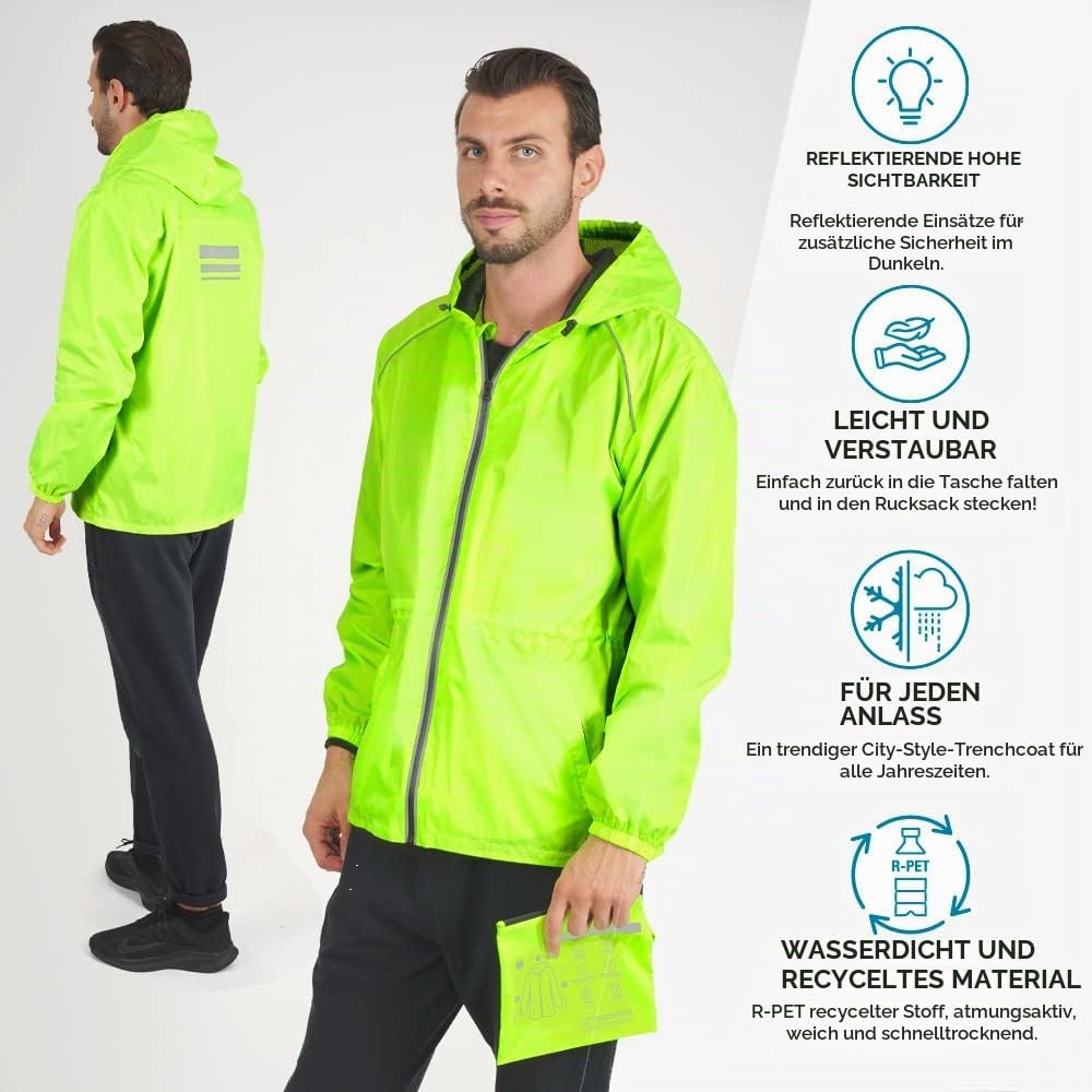 PERLETTI Regenjacke Herren Schwarz Gelb für Hohe Sichtbarkeit - Reflektierende Regenponcho Windbreak
