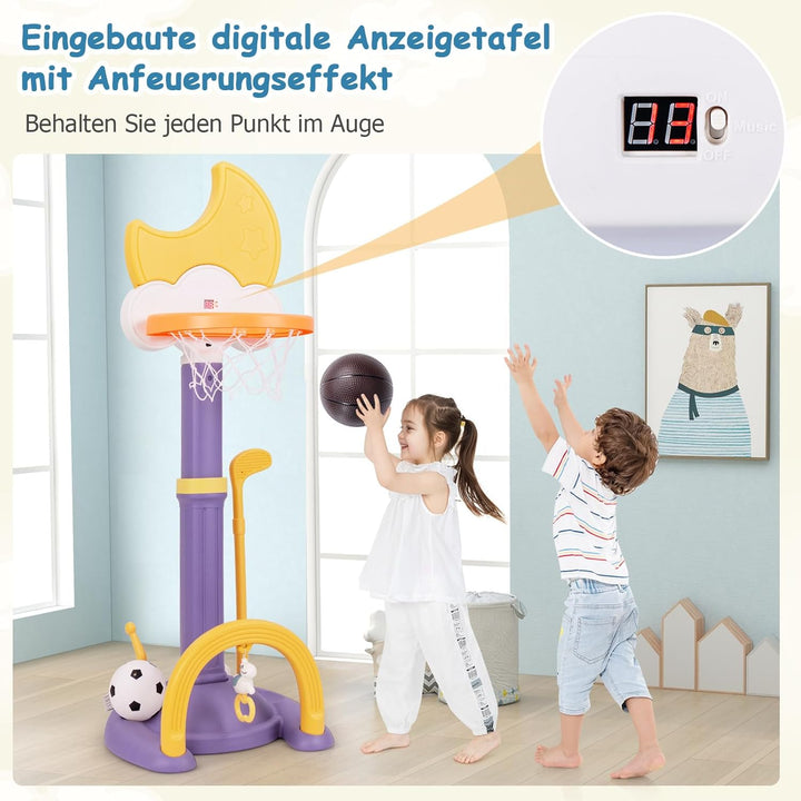 COSTWAY 4 in 1 Kinder Basketballkorb Set, Basketballständer höhenverstellbar mit Basketball & Fussba