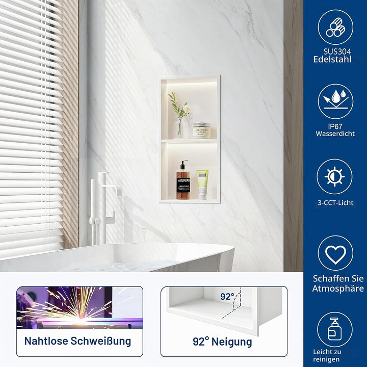 Wandnische Dusche Edelstahl mit LED-Beleuchtung, Doppel-Duschnische mit Regal Weiss Lagerung für Bad