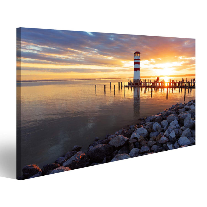 Bild Bilder auf Leinwand Sonnenuntergang am Meer mit Leuchtturm Wandbild Poster Leinwandbild RDA, 80